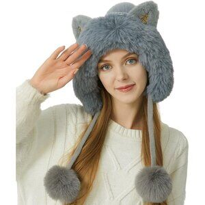 Women Grey Solid Winter Peruvian Cover Ears Beanie Hat Ear Flaps Sherpa Snow